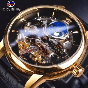 Forsining Luxury Skeleton Moon Dial Watch Mens Dual Time Zone Automatic Watch